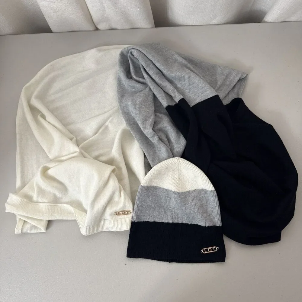 LDT Cap and Scarf Cashmere Blend Cream Black Gray Stripe